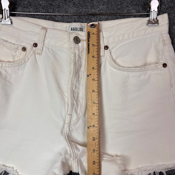 AGOLDE Parker long Denim Cut Off Shorts Button Fly Frayed Hem Womens Size 28 - Picture 6 of 11